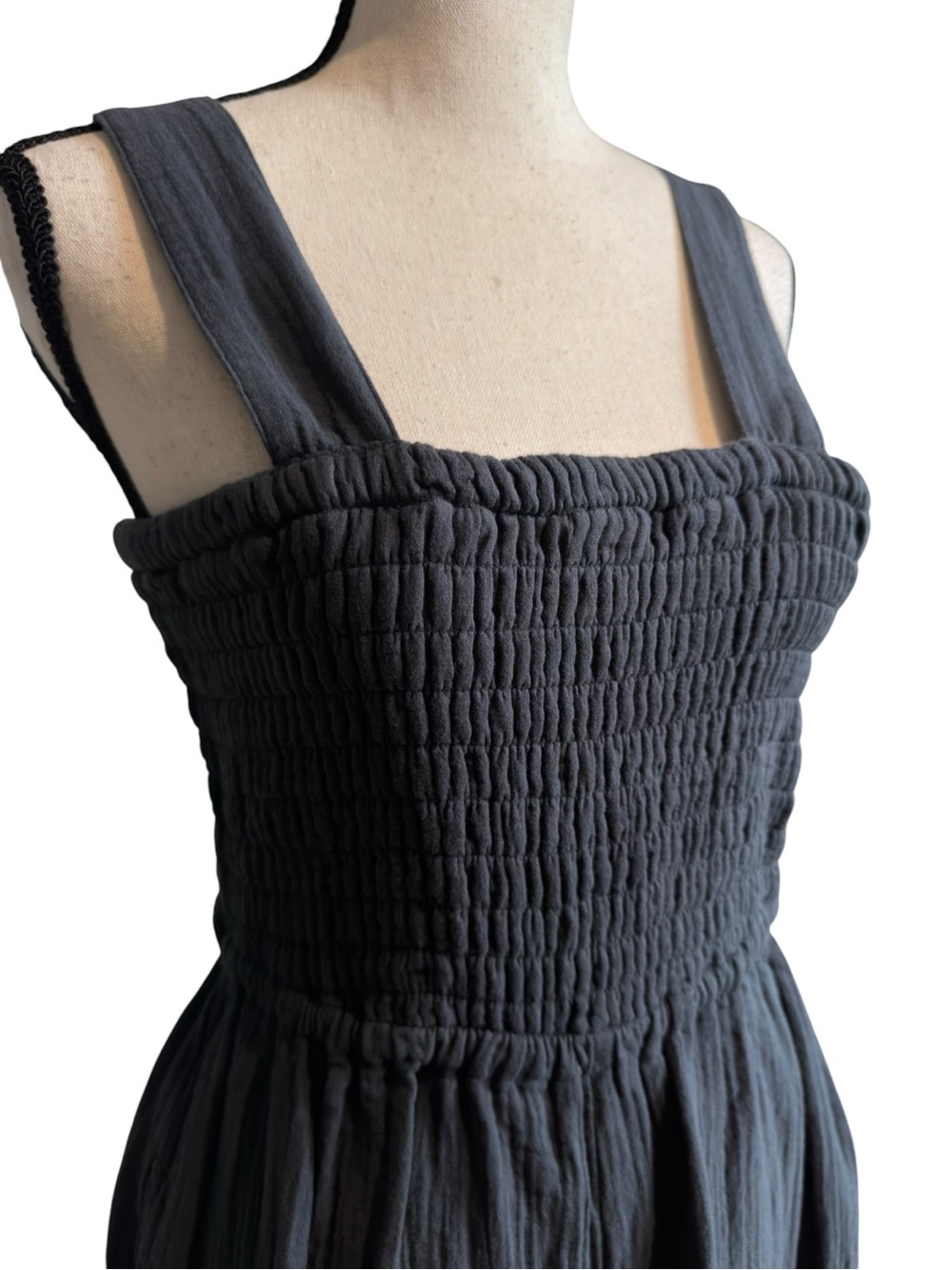 Quince Organic Cotton Gauze Smocked Wide Leg Jumpsuit Navy Blue Size Small NWOT - Picture 7 of 8